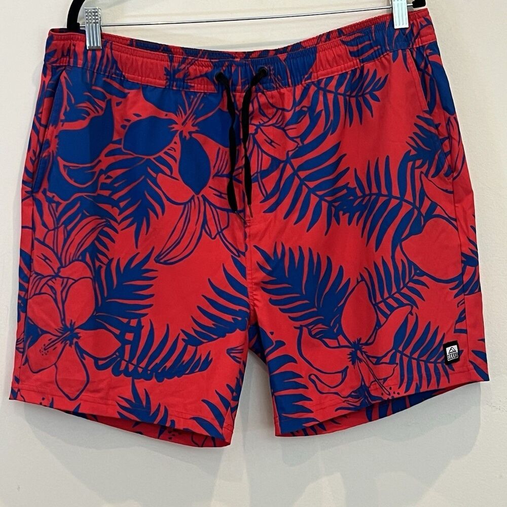 Reef Board Shorts Red Blue Tropical Floral Drawstring Pockets Stretch Mens XL